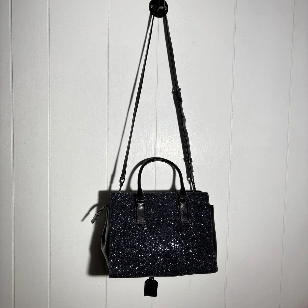 Kate Spade Cameron Navy Glitter Black Saffiano Leather Satchel Crossbody Handbag